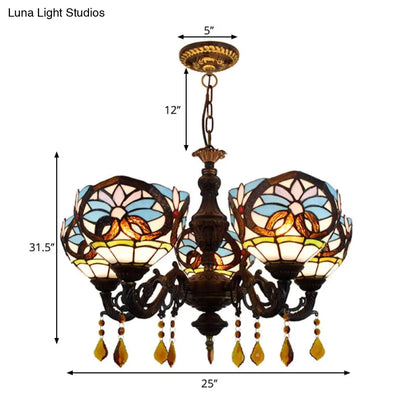 Tiffany-Style Stained Glass Chandelier with Crystal and 5 Hanging Bowl Lights in Blue for Living Room