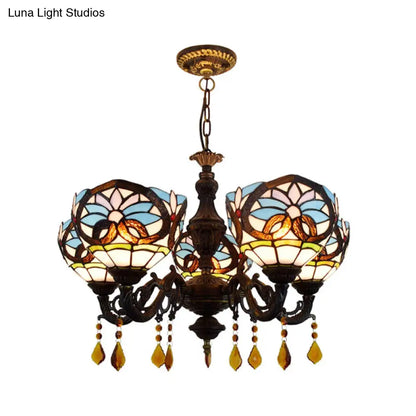 Tiffany-Style Stained Glass Chandelier with Crystal and 5 Hanging Bowl Lights in Blue for Living Room