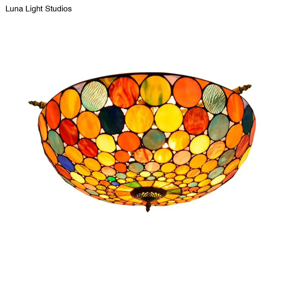 Tiffany-Style Stained Glass Circle Flush Mount Lighting with 5 Brass Heads - 21.5"/25.5" Wide