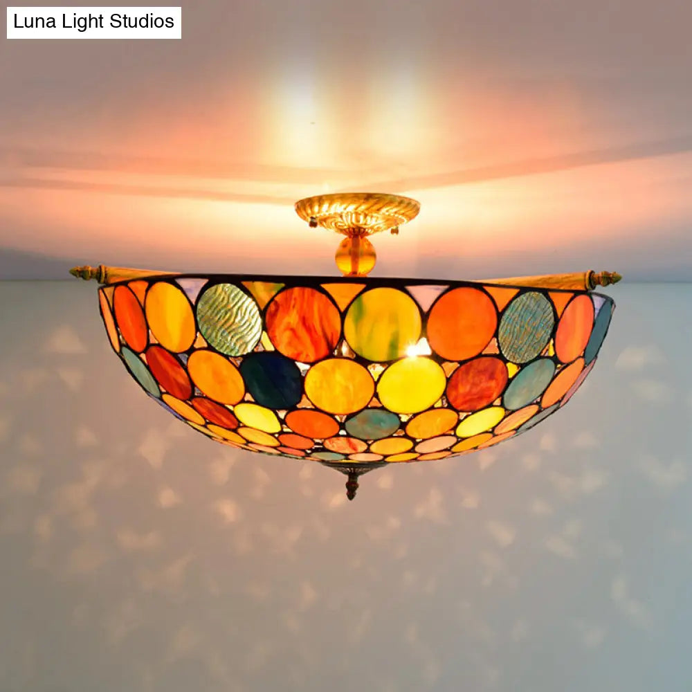 Tiffany-Style Stained Glass Circle Flush Mount Lighting with 5 Brass Heads - 21.5"/25.5" Wide