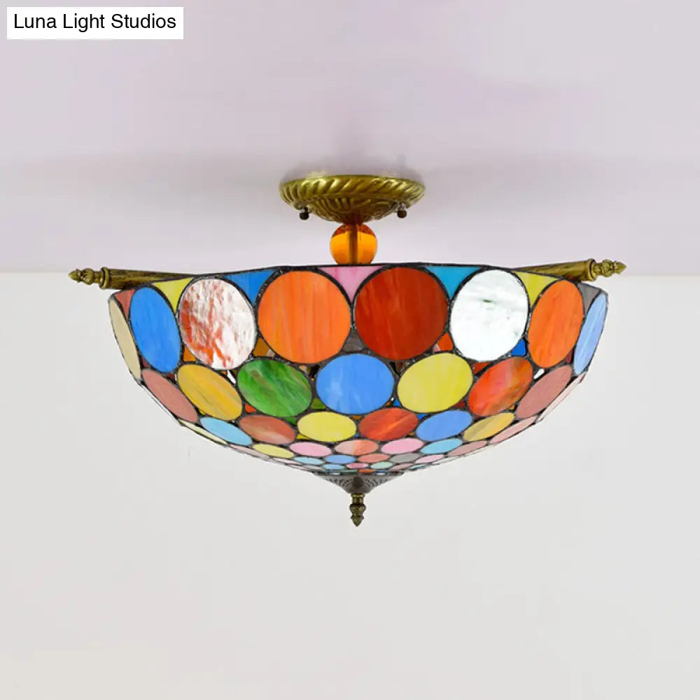 Tiffany-Style Stained Glass Circle Flush Mount Lighting with 5 Brass Heads - 21.5"/25.5" Wide