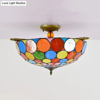 Tiffany-Style Stained Glass Circle Flush Mount Lighting with 5 Brass Heads - 21.5"/25.5" Wide