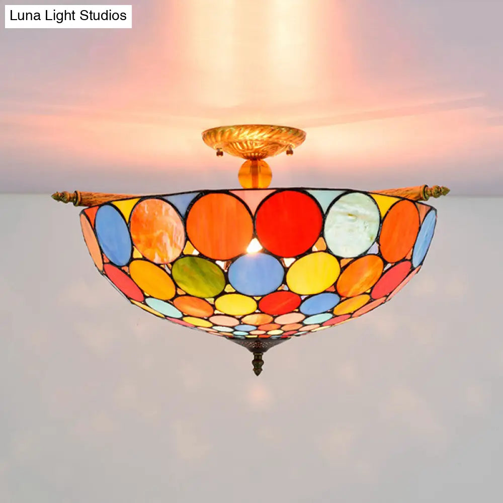 Tiffany-Style Stained Glass Circle Flush Mount Lighting with 5 Brass Heads - 21.5"/25.5" Wide