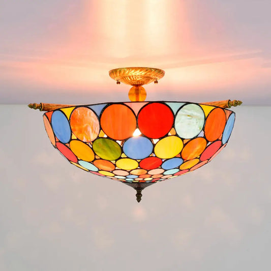 Tiffany-Style Stained Glass Circle Flush Mount Lighting with 5 Brass Heads - 21.5"/25.5" Wide