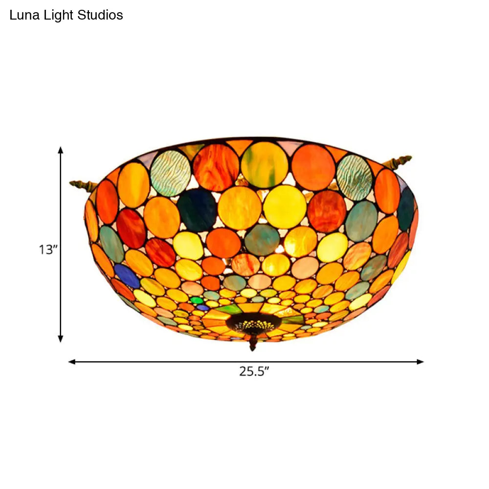 Tiffany-Style Stained Glass Circle Flush Mount Lighting with 5 Brass Heads - 21.5"/25.5" Wide