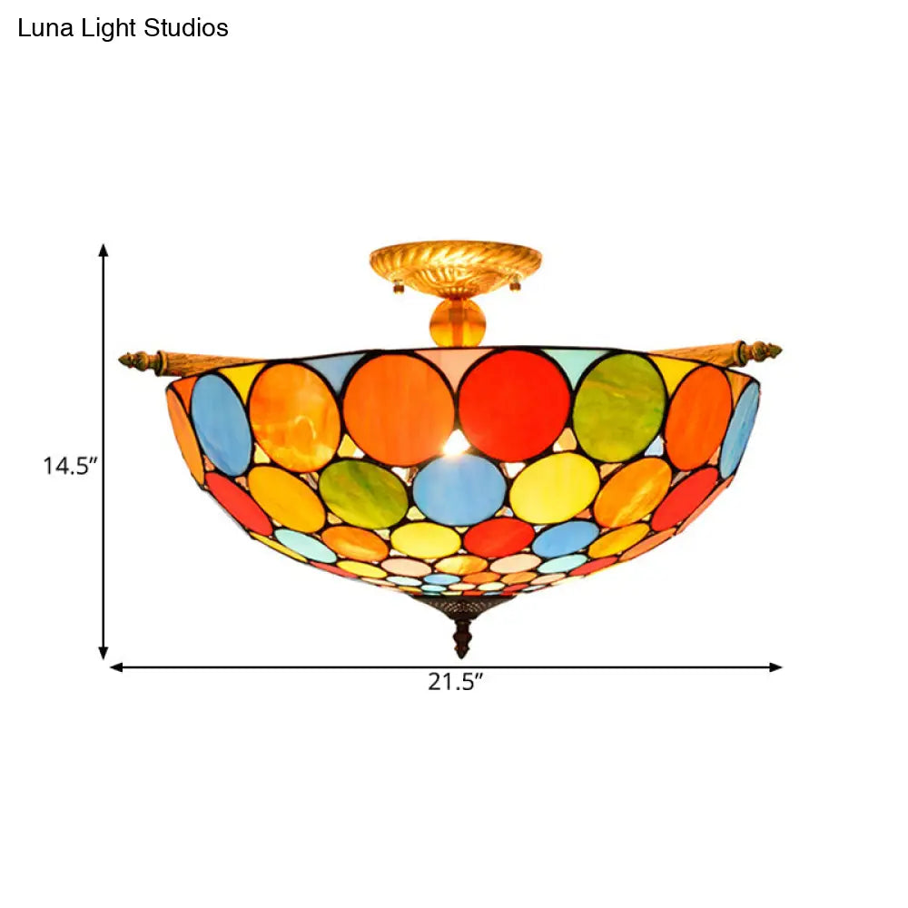 Tiffany-Style Stained Glass Circle Flush Mount Lighting with 5 Brass Heads - 21.5"/25.5" Wide