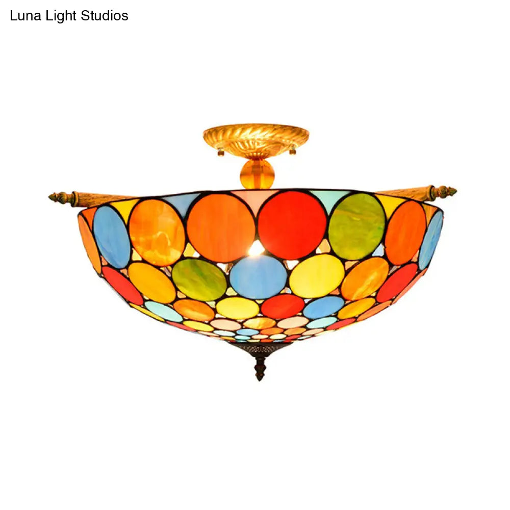 Tiffany-Style Stained Glass Circle Flush Mount Lighting with 5 Brass Heads - 21.5"/25.5" Wide