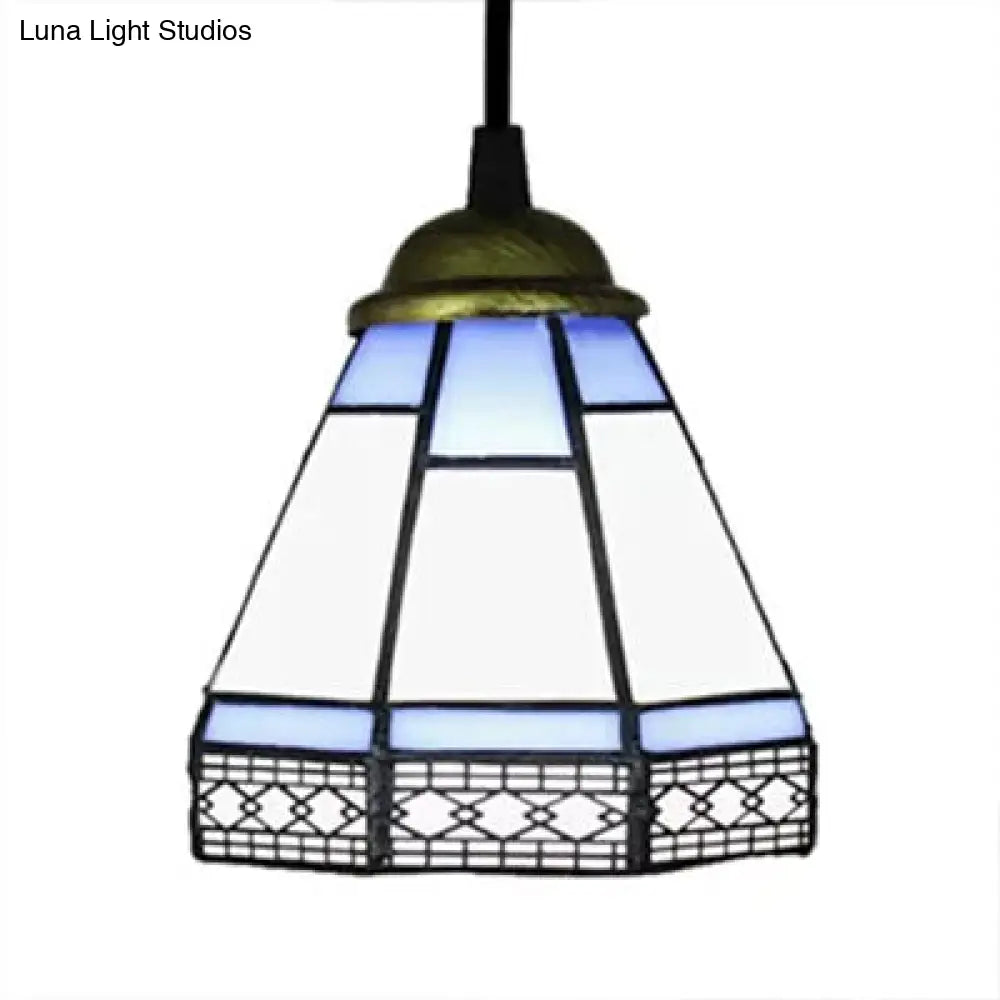 Tiffany-Style Stained Glass Conical Drop Lamp: Beige/Green/Blue Pendant Light for Living Room