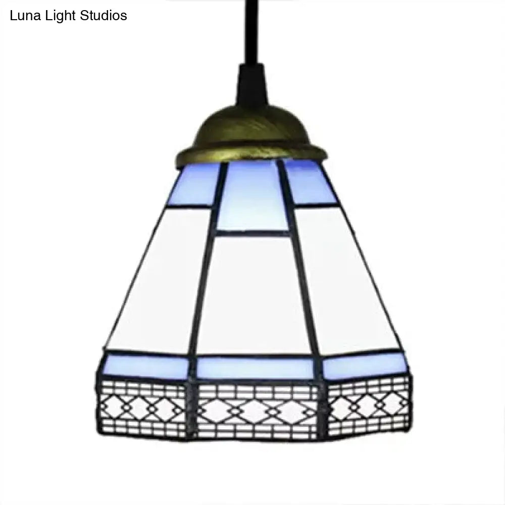 Tiffany-Style Stained Glass Conical Drop Lamp: Beige/Green/Blue Pendant Light for Living Room