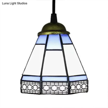 Tiffany-Style Stained Glass Conical Drop Lamp: Beige/Green/Blue Pendant Light for Living Room