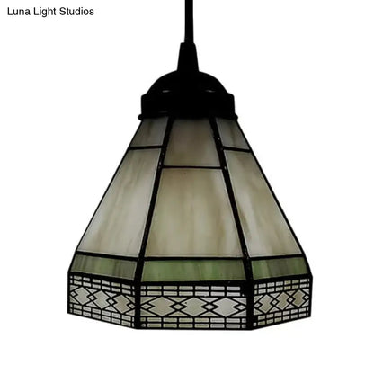 Tiffany-Style Stained Glass Conical Drop Lamp: Beige/Green/Blue Pendant Light for Living Room