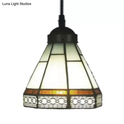 Tiffany-Style Stained Glass Conical Drop Lamp: Beige/Green/Blue Pendant Light for Living Room