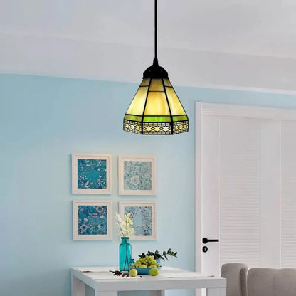 Tiffany-Style Stained Glass Conical Drop Lamp: Beige/Green/Blue Pendant Light for Living Room