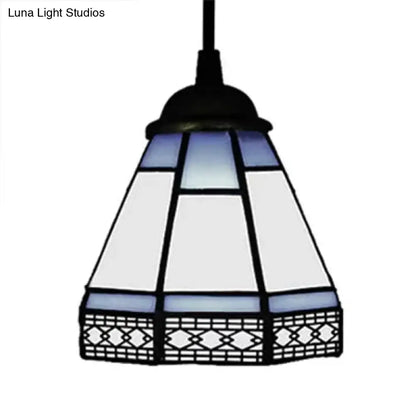 Tiffany-Style Stained Glass Conical Drop Lamp: Beige/Green/Blue Pendant Light for Living Room