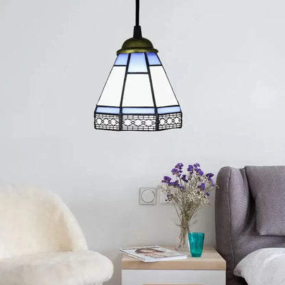 Tiffany-Style Stained Glass Conical Drop Lamp: Beige/Green/Blue Pendant Light for Living Room