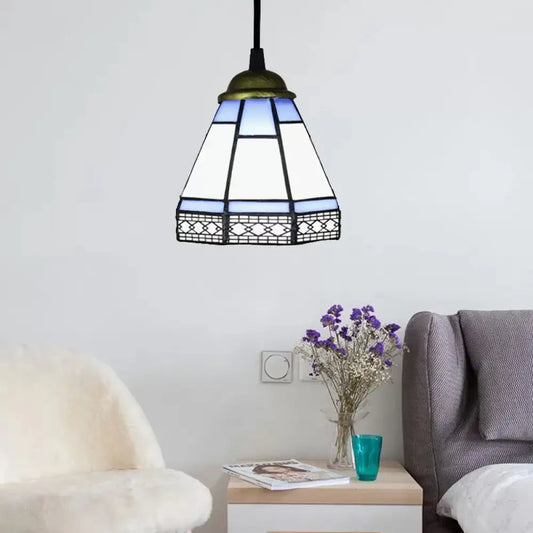 Tiffany-Style Stained Glass Conical Drop Lamp: Beige/Green/Blue Pendant Light for Living Room