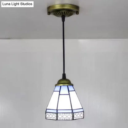 Tiffany-Style Stained Glass Conical Drop Lamp: Beige/Green/Blue Pendant Light for Living Room