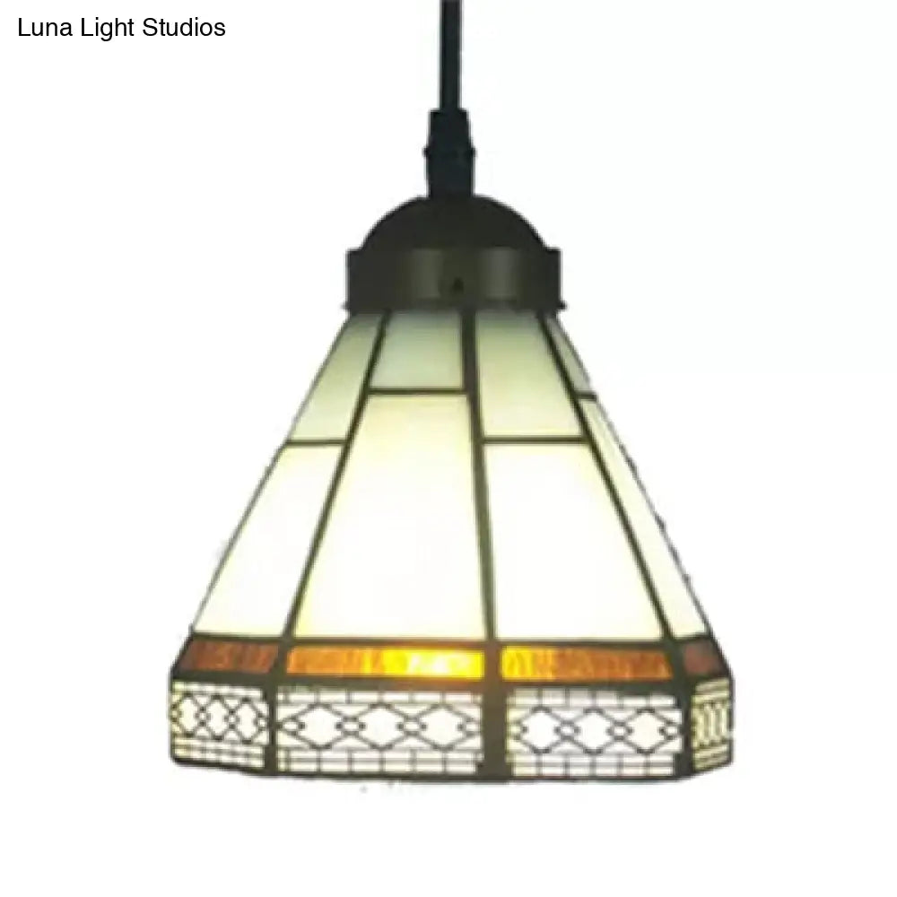 Tiffany-Style Stained Glass Conical Drop Lamp: Beige/Green/Blue Pendant Light for Living Room