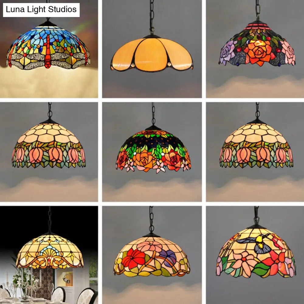 Tiffany-Style Stained Glass Dome Ceiling Pendant Light - 1-Light Hanging Fixture for Restaurants