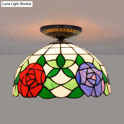 DecorBites™ DecorBites™ Tiffany-Style Stained Glass Floral Ceiling Fixture: Bronze Flush Mount with Single Bulb
