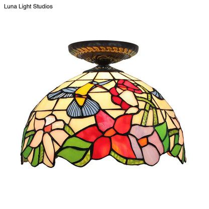 DecorBites™ DecorBites™ Tiffany-Style Stained Glass Floral Ceiling Fixture: Bronze Flush Mount with Single Bulb