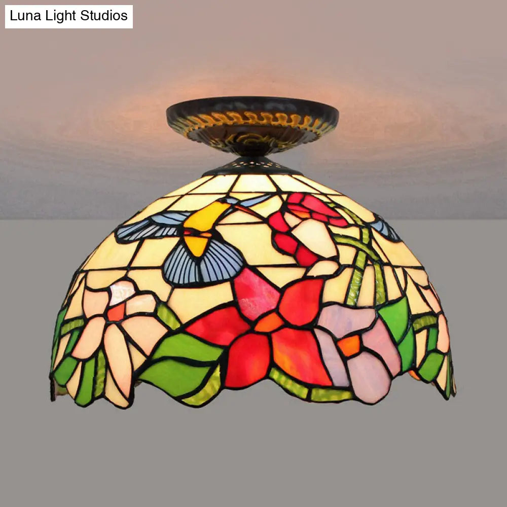 DecorBites™ DecorBites™ Tiffany-Style Stained Glass Floral Ceiling Fixture: Bronze Flush Mount with Single Bulb