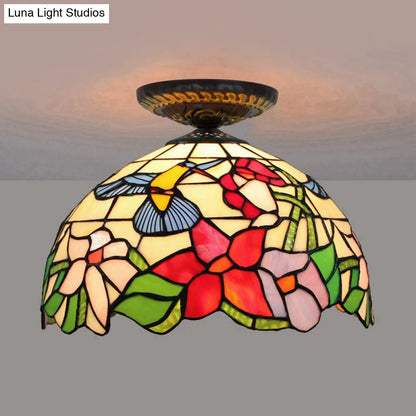 DecorBites™ DecorBites™ Tiffany-Style Stained Glass Floral Ceiling Fixture: Bronze Flush Mount with Single Bulb