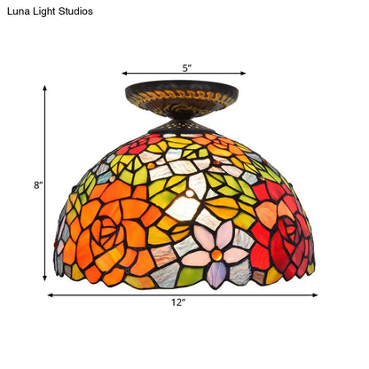 DecorBites™ DecorBites™ Tiffany-Style Stained Glass Floral Ceiling Fixture: Bronze Flush Mount with Single Bulb