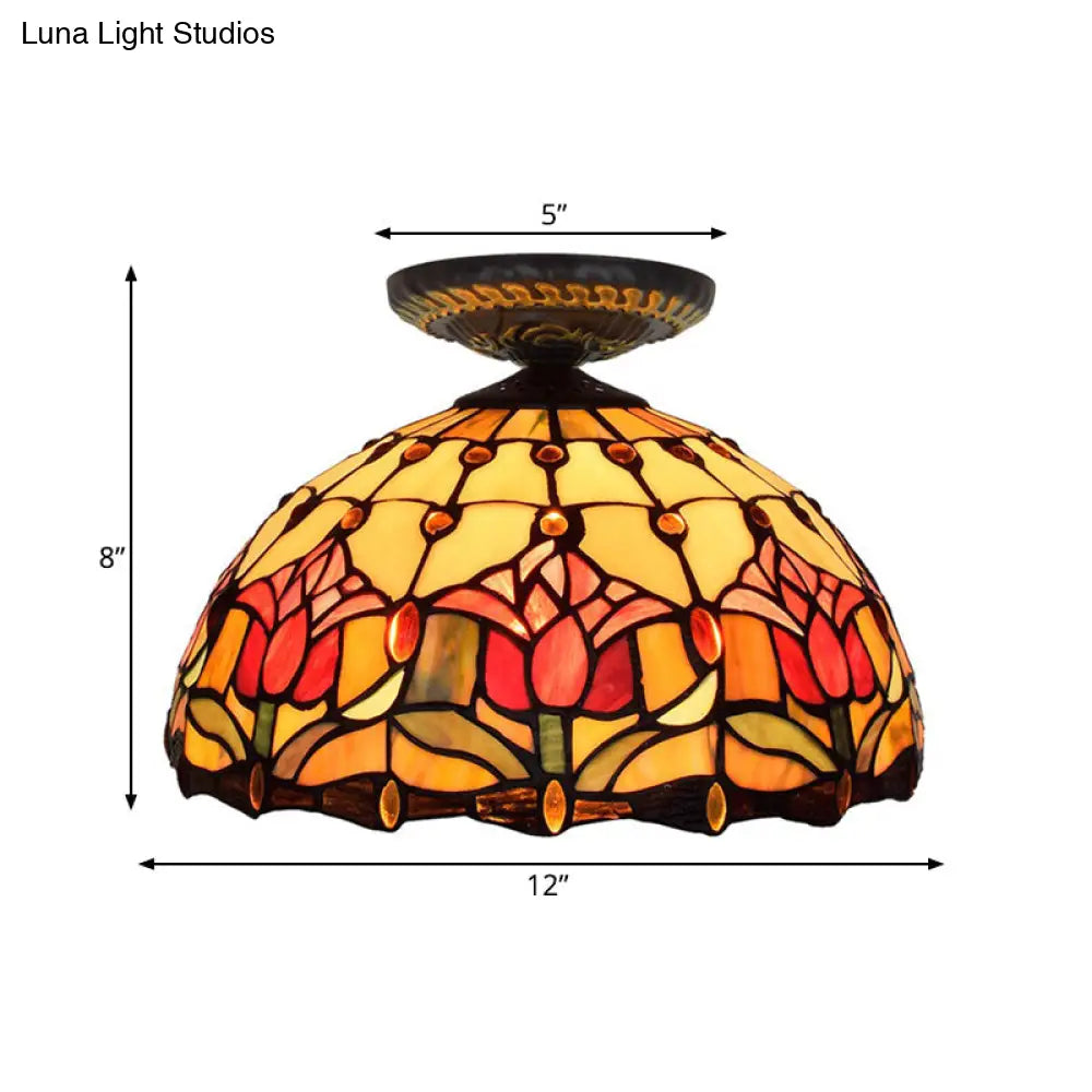 DecorBites™ DecorBites™ Tiffany-Style Stained Glass Floral Ceiling Fixture: Bronze Flush Mount with Single Bulb