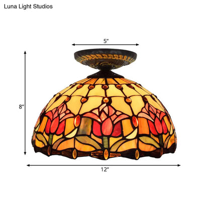 DecorBites™ DecorBites™ Tiffany-Style Stained Glass Floral Ceiling Fixture: Bronze Flush Mount with Single Bulb