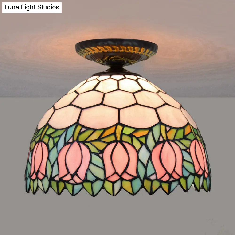 DecorBites™ DecorBites™ Tiffany-Style Stained Glass Floral Ceiling Fixture: Bronze Flush Mount with Single Bulb