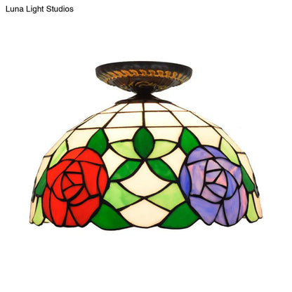 DecorBites™ DecorBites™ Tiffany-Style Stained Glass Floral Ceiling Fixture: Bronze Flush Mount with Single Bulb