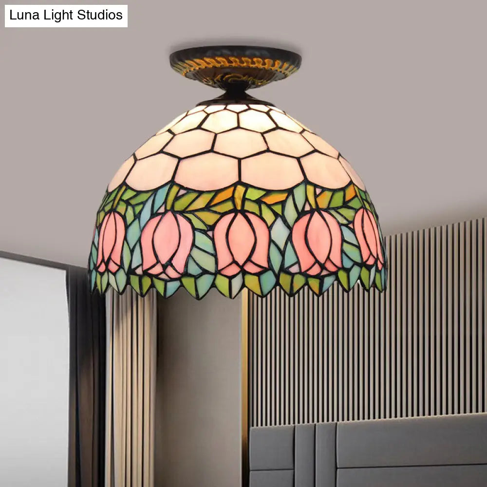 DecorBites™ DecorBites™ Tiffany-Style Stained Glass Floral Ceiling Fixture: Bronze Flush Mount with Single Bulb