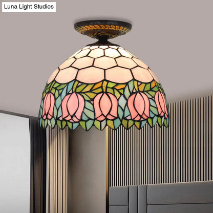 DecorBites™ DecorBites™ Tiffany-Style Stained Glass Floral Ceiling Fixture: Bronze Flush Mount with Single Bulb