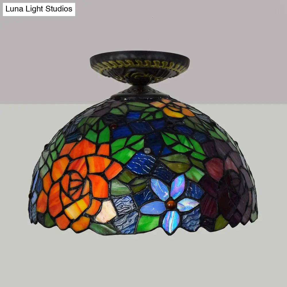 DecorBites™ DecorBites™ Tiffany-Style Stained Glass Floral Ceiling Fixture: Bronze Flush Mount with Single Bulb