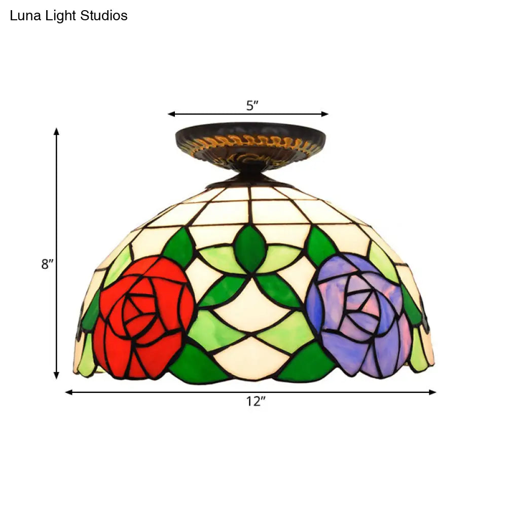 DecorBites™ DecorBites™ Tiffany-Style Stained Glass Floral Ceiling Fixture: Bronze Flush Mount with Single Bulb