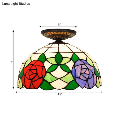 DecorBites™ DecorBites™ Tiffany-Style Stained Glass Floral Ceiling Fixture: Bronze Flush Mount with Single Bulb