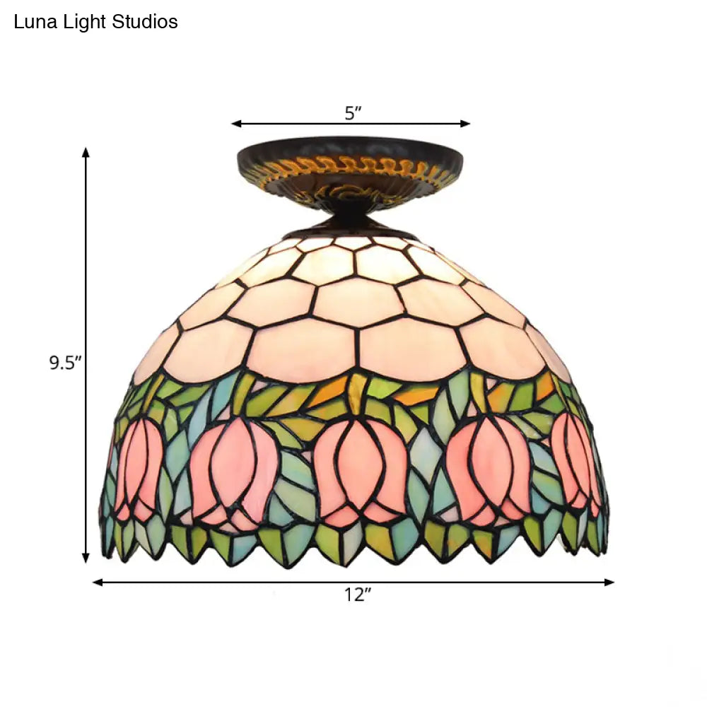 DecorBites™ DecorBites™ Tiffany-Style Stained Glass Floral Ceiling Fixture: Bronze Flush Mount with Single Bulb