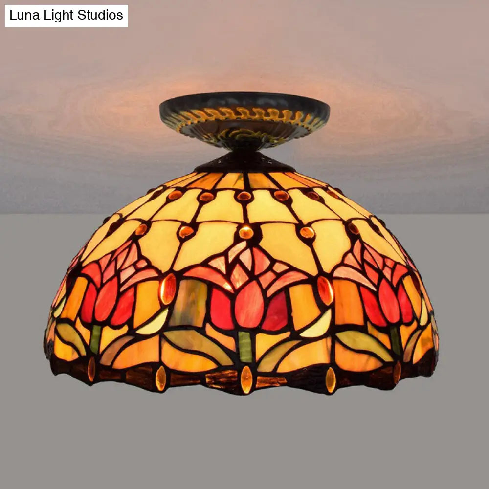 DecorBites™ DecorBites™ Tiffany-Style Stained Glass Floral Ceiling Fixture: Bronze Flush Mount with Single Bulb