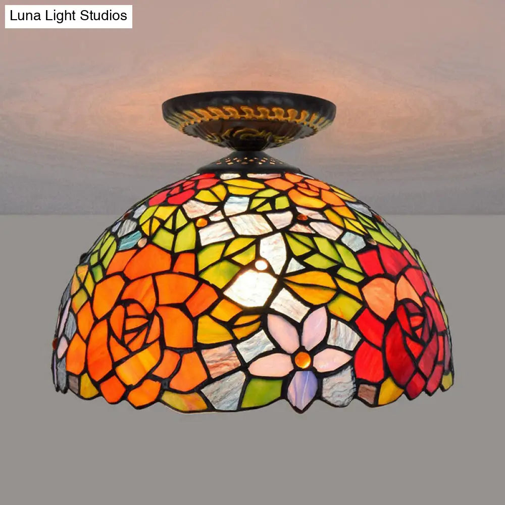 DecorBites™ DecorBites™ Tiffany-Style Stained Glass Floral Ceiling Fixture: Bronze Flush Mount with Single Bulb