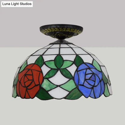 DecorBites™ DecorBites™ Tiffany-Style Stained Glass Floral Ceiling Fixture: Bronze Flush Mount with Single Bulb