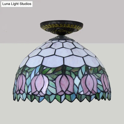 DecorBites™ DecorBites™ Tiffany-Style Stained Glass Floral Ceiling Fixture: Bronze Flush Mount with Single Bulb