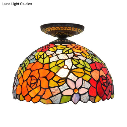 DecorBites™ DecorBites™ Tiffany-Style Stained Glass Floral Ceiling Fixture: Bronze Flush Mount with Single Bulb