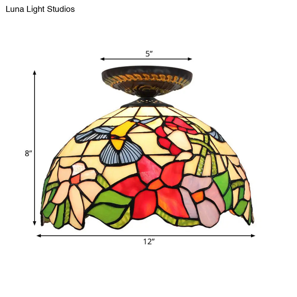 DecorBites™ DecorBites™ Tiffany-Style Stained Glass Floral Ceiling Fixture: Bronze Flush Mount with Single Bulb