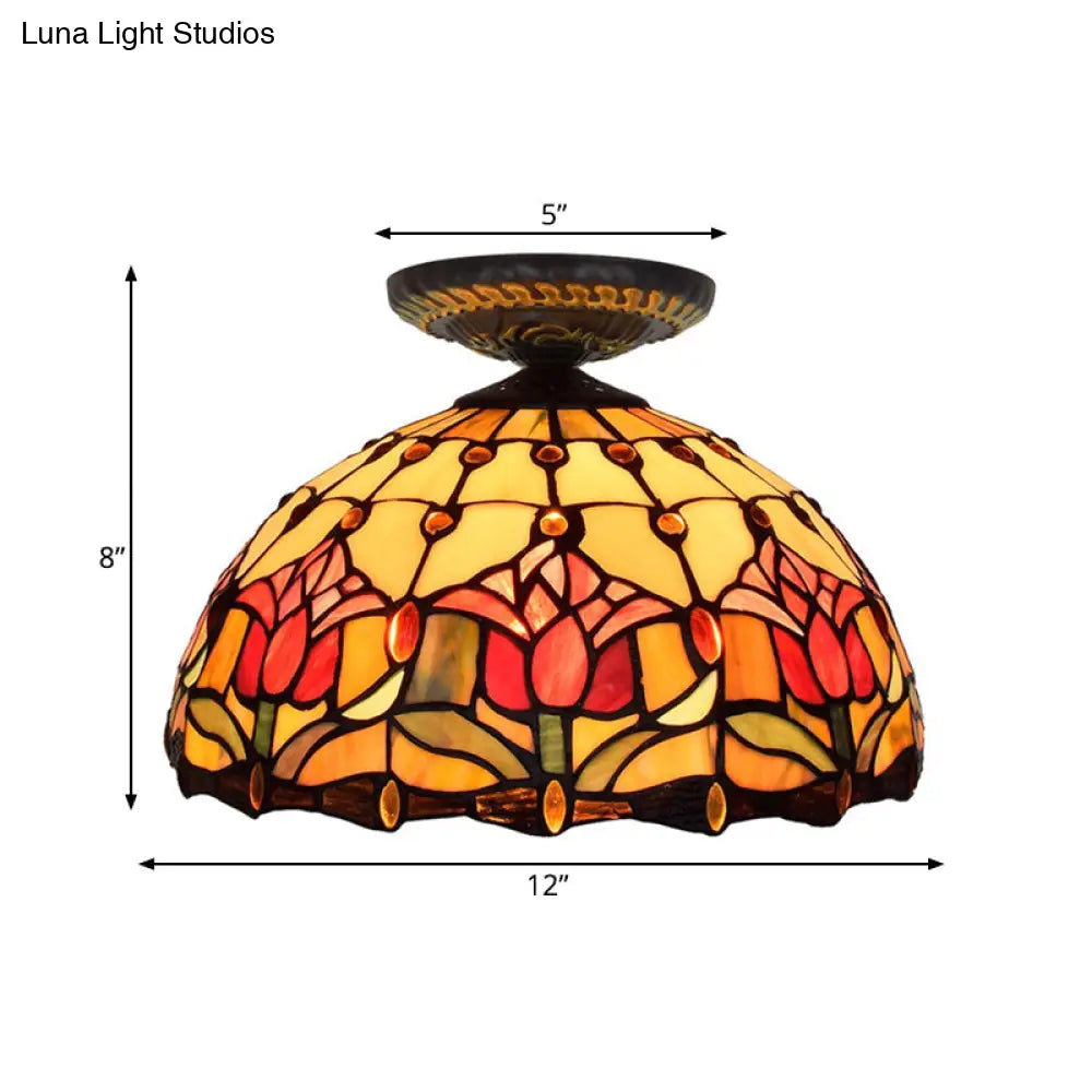 DecorBites™ DecorBites™ Tiffany-Style Stained Glass Floral Ceiling Fixture: Bronze Flush Mount with Single Bulb