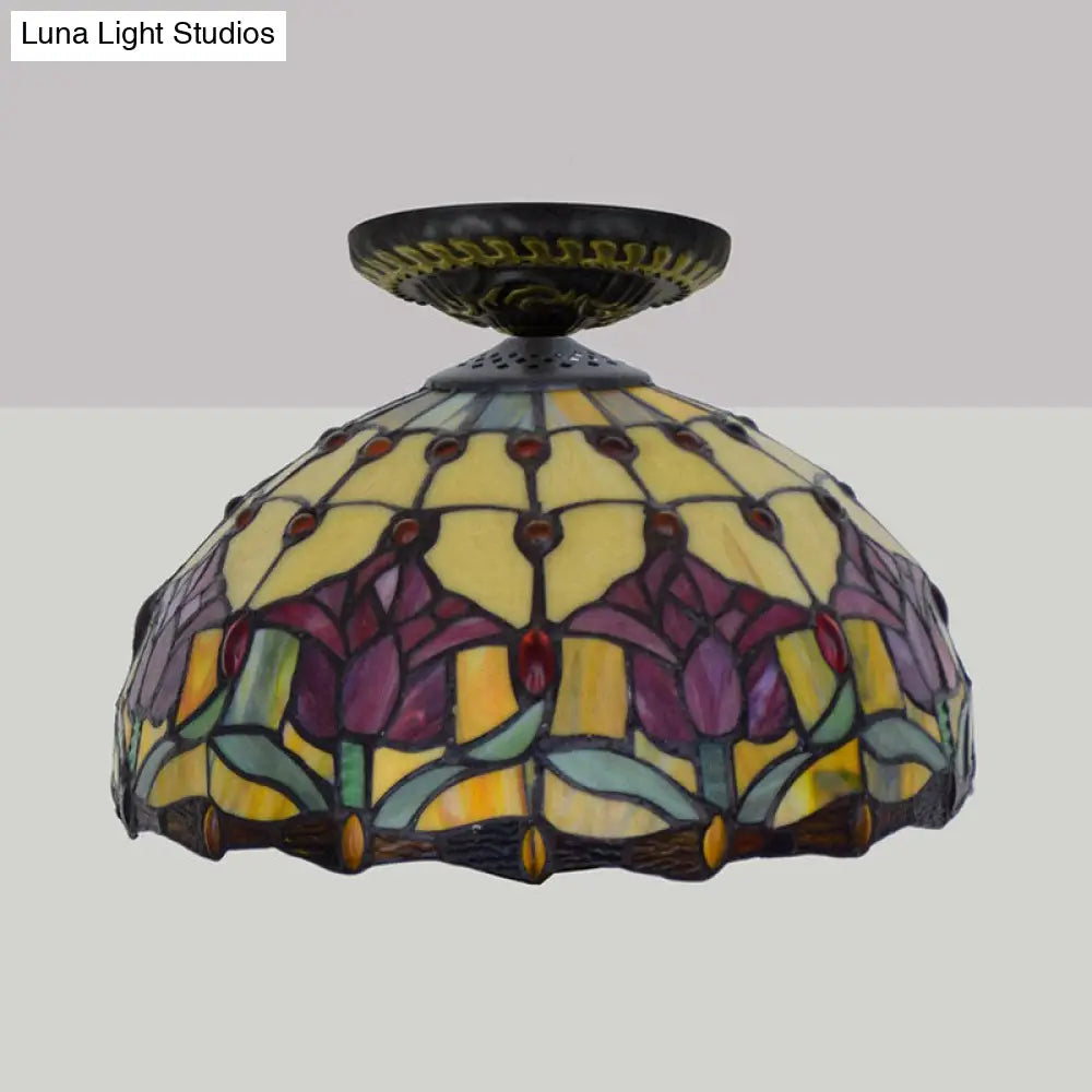 DecorBites™ DecorBites™ Tiffany-Style Stained Glass Floral Ceiling Fixture: Bronze Flush Mount with Single Bulb