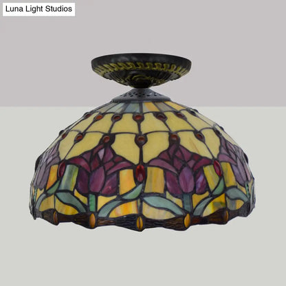 DecorBites™ DecorBites™ Tiffany-Style Stained Glass Floral Ceiling Fixture: Bronze Flush Mount with Single Bulb