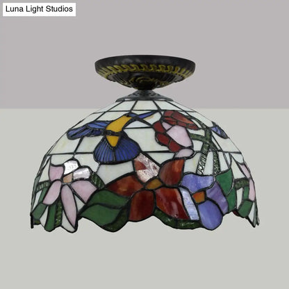 DecorBites™ DecorBites™ Tiffany-Style Stained Glass Floral Ceiling Fixture: Bronze Flush Mount with Single Bulb