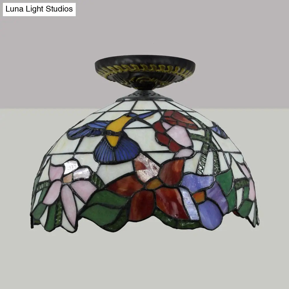 DecorBites™ DecorBites™ Tiffany-Style Stained Glass Floral Ceiling Fixture: Bronze Flush Mount with Single Bulb