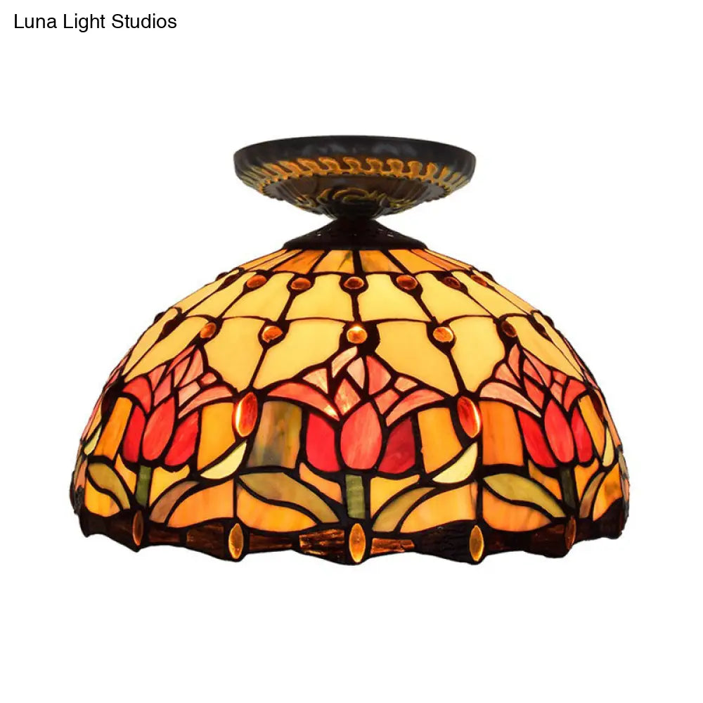 DecorBites™ DecorBites™ Tiffany-Style Stained Glass Floral Ceiling Fixture: Bronze Flush Mount with Single Bulb